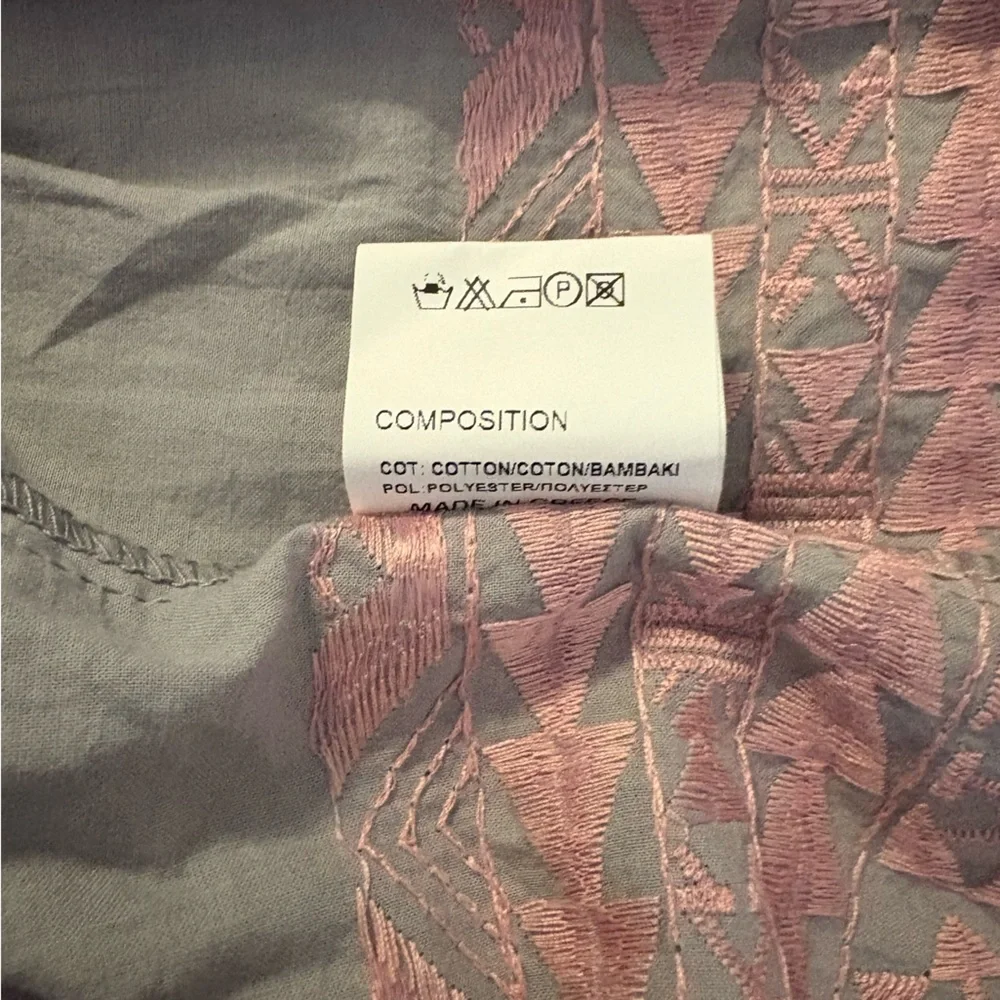 Greek Archaic Kori Embroidered 3/4 Flared Sleeve Dress in Pink and Grey. Size S - Picture 6 of 6